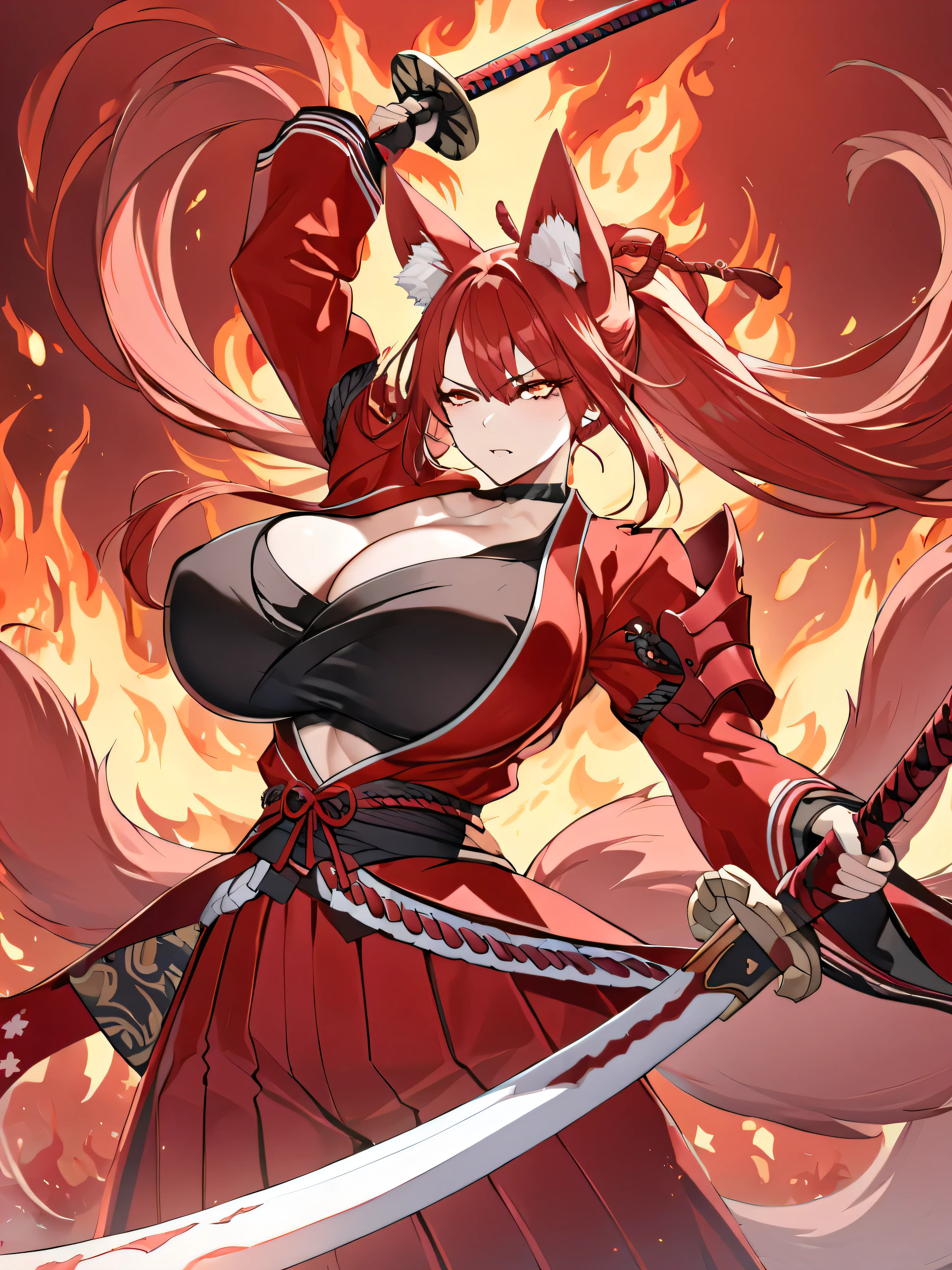 8K Best quality Best work Red long ponytail Red fox ears Nine fox tails Very large breasts Flaming Japanese sword Red jacket Long hakama Red eyeshadow on lower eyelids Red burning background Japanese style Samurai Flame hell Five fingers In battle