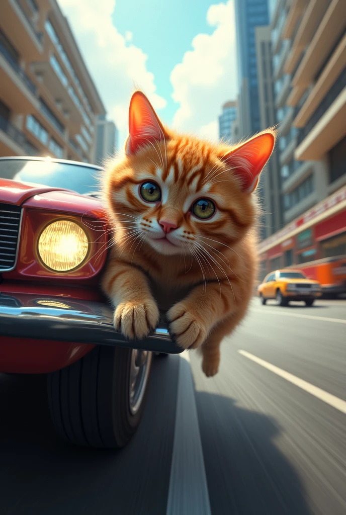 There is a cat on the bumper of a moving car.、The cat is spinning at high speed