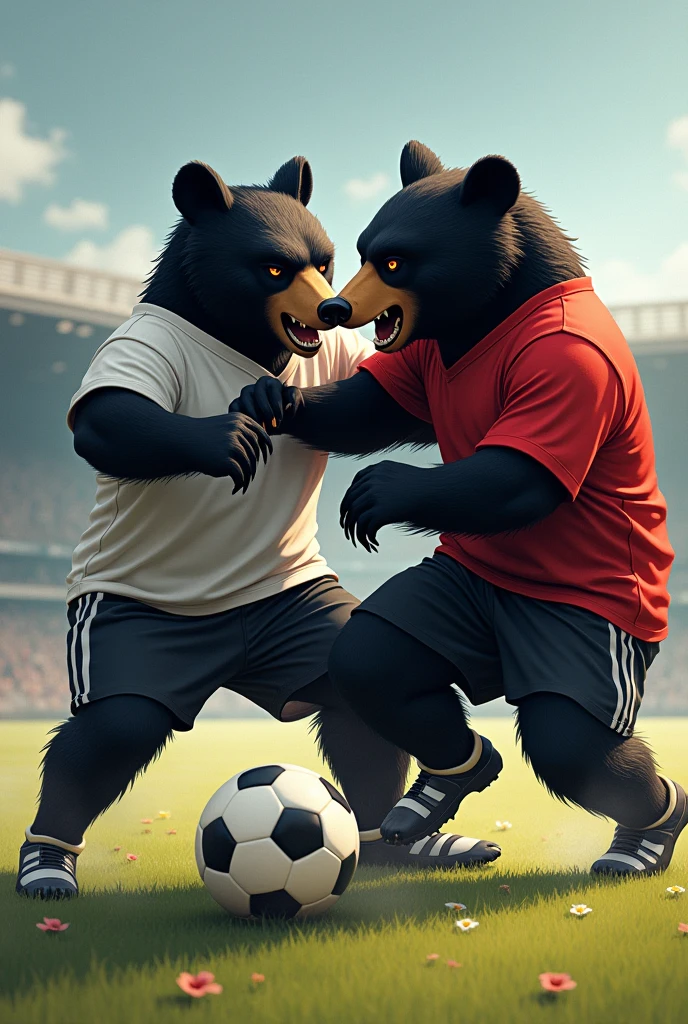 A bear playing soccer, He carries a ball at his foot and another bear sweeps it, aggressive black bear with soccer uniforms, much more aggressive, one sweeps it and touches the ball, even more aggressive, one tries hard and sweeps it on the ground, more aggressive, even more aggressive