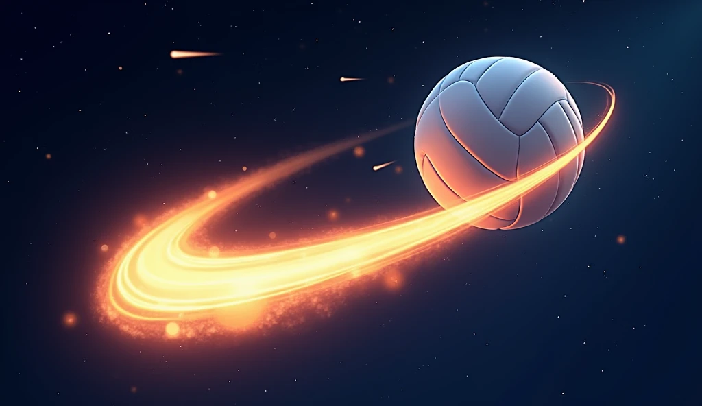 (logo 2d) a volleyball with a glowing comet tail, a bit longer and a brilliant white light. The ball is white and round, and it feels like it's flying with powerful energy, lively, passionate. The balloon flew across like a promising wish.. The comet's tail is thick, glow like aurora, The comet's tail shines brightly. Around the background are other small comets falling down.. (The ball is small compared to the overall picture.), for a more vast starry sky background with other comets
