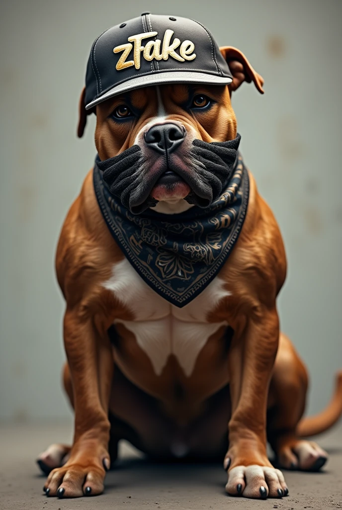 Pit bull dog with a bandana on his face and a cap backwards saying zFake