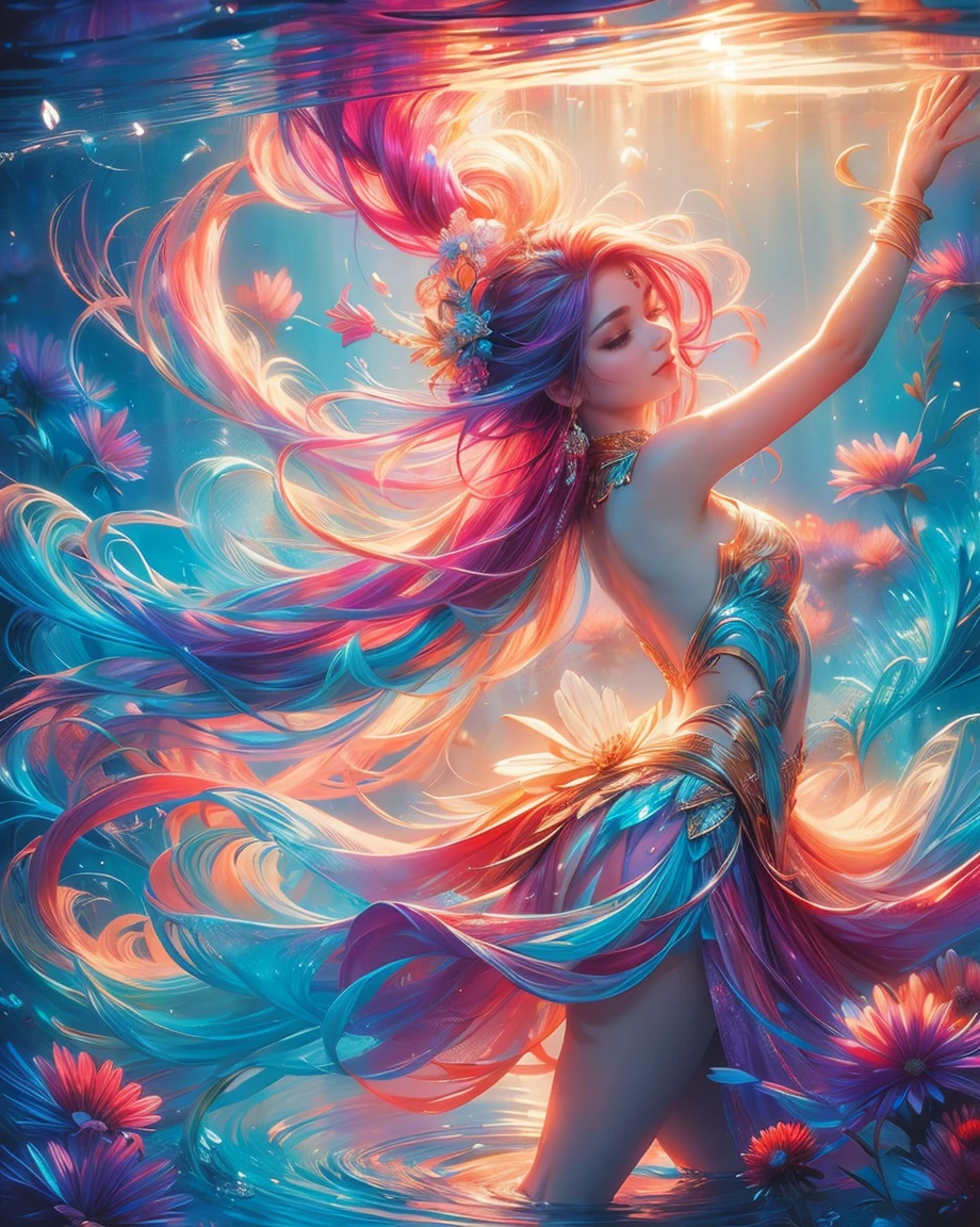 Expressing the flow of water, dancing in the wind, colorful effect of water, the Goddess governs the arts. Manipulating water, rich hair: sleeping, perfect face, beautiful, healthy, 18 years old. Water splash, sparkling, bright colors, light, reflection, rich colors, abstract, 3D, 8k, high resolution. Detailed details of high-quality masterpieces, soft rainbow colors, cunningly complicated design, fun, bright colors, water splashes, invite you into the world.