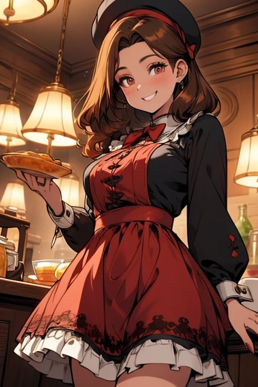 Perfect face. Perfect hands. A brown haired woman with copper eyes and an hourglass figure in a Lolita dress is serving scones in a maid cafe with a big smile