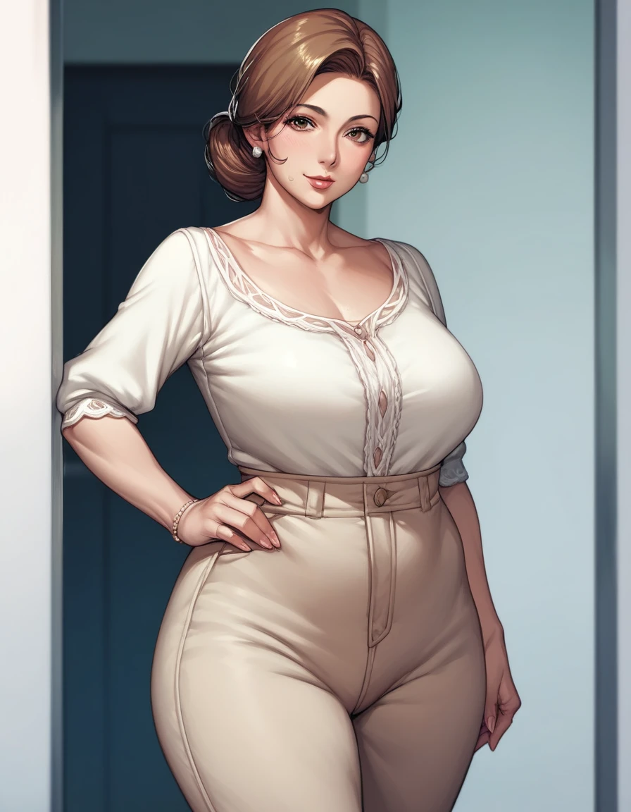 score_9, score_8_up, score_7_up, source_anime,1girl, mature female, brown hair, curvy mother, wide hips, normal breast,(joy expression:1.2), looking at viewer, standing, sexy white blouse, beige pants, half complete body view