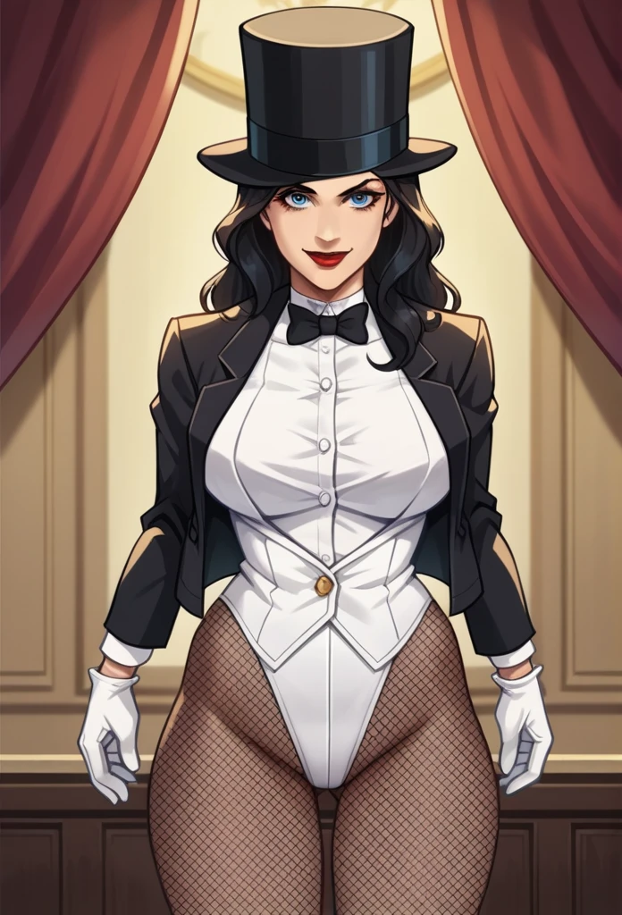 PonyXLV6_Scores ,source_anime, masterpiece,best quality, highly detailed,cinematic,unity 8k wallpaper, amazing quality, masterpiece, best quality, hyper detailed, ultra detailed, UHD, perfect anatomy,
BREAK
 zatanna,1girl, pantyhose, solo, black hair, hat, gloves, bowtie, bow, fishnets, top hat, breasts, blue eyes, fishnet pantyhose, white gloves, long hair, shirt, looking at viewer, black headwear, white shirt, black bow, leotard, smile, large breasts, black bowtie, makeup, jacket, black jacket, red lips, cowboy shot, lipstick,room