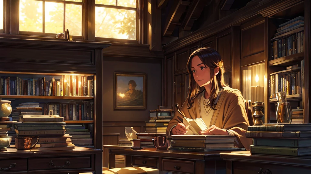 a cozy study room with stacks of books, a cup of tea, a person studying by candlelight or soft lighting, intricate detail, highly detailed, photorealistic, 8k, masterpiece, warm color tones, wooden furniture, vintage, atmospheric, concentrated expression, focused, relaxed, thoughtful