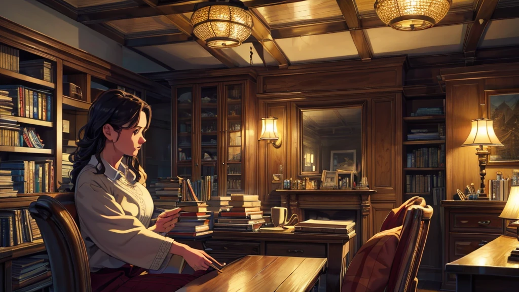 a cozy study room with stacks of books, a cup of tea, a person studying by candlelight or soft lighting, intricate detail, highly detailed, photorealistic, 8k, masterpiece, warm color tones, wooden furniture, vintage, atmospheric, concentrated expression, focused, relaxed, thoughtful