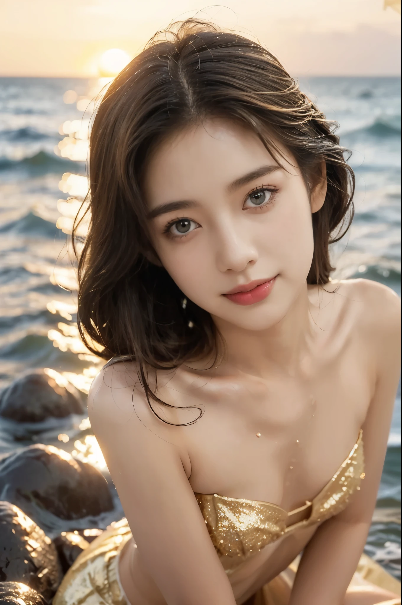 (((best quality))), (((ultra detailed))), (((masterpiece))), illustration,((1 beautiful young girl,solo)),(shoulder-length straight bob:0.8),((sweat,wet)),(shiny skin:1.5),((slim,thin)),((small breasts,flat chest)),(golden sandy beach:1.3),(by the sea:1.3),(sunset sunlight:1.3),stunning, (strapless golden sparkling bra:1.3), (fair smooth skin:1.3), (detailed eyes:1.2),(smile:1.3),delicate fabric,ethereal, adorn, azure waves,shore,foam, stillness, (evening:1.3),(from front:1.3),(close-up of face:1.3)
