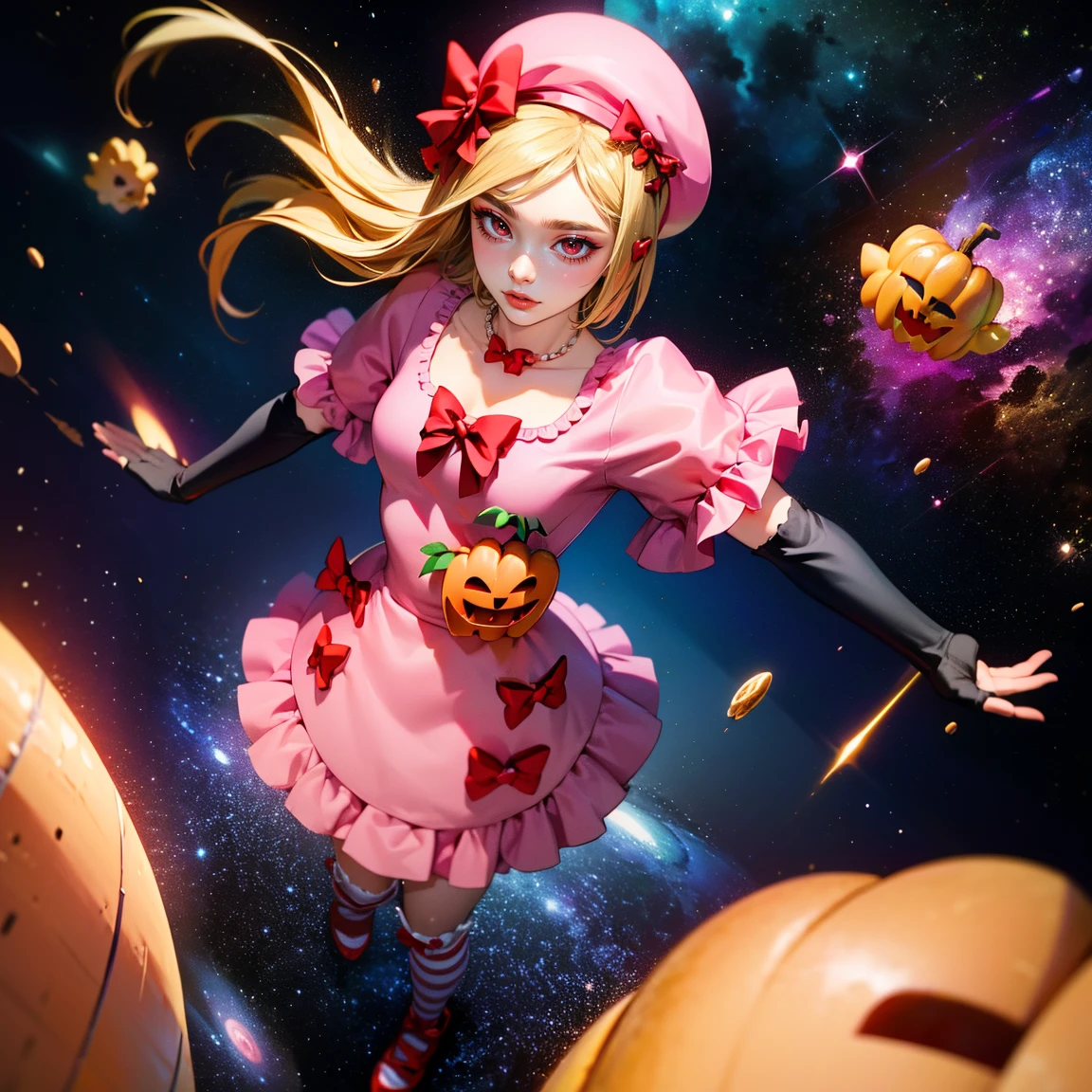 (1 lady), The beautiful, (Best quality at best:1.4), (ultra - detailed), (extremely detailed CG unified 16k), gold blonde hair, very detailed, High-definition RAW color photo, professional photoshooting, amazing face and eyes, cosmetics, (amazingly beautiful girl), ((lambdadelta, taller, tall woman)), tarankaaa, NOT DASHA TARAN:1.2, ((dress, shoes bow, red shoes, ed stockings, red bow, pink hat, necklace, gloves, pearl, pumpkin brooch, pink dress)), levitating in a cute posture (floating in the air), (She's levitating in a cosmic sea, outer space:1.3, quantum hyperspace room lacking walls, hyperspace chamber, extremely detailed background, a lot of details background, realistic outer space background with stars quasars and cosmic bodies, brighter background), (look from above), realistic cinematic face, head to feet long wide zoomed out view, full body long view, photorealistic, ((realistic natural blonde hair style, red eyes)), gorgeous, extremely beautiful face, perfect model beauty, pout mouth, Highly Detailed Face and Skin Texture, Detailed Eyes, Double Eyelids, Small Breasts, Persistent Stare, Faith Trance, (mystical stare, looking eternity), (masterpiece), best quality, high resolution, depth of field, cinematic lighting, amazing legs, pink combat boots, clear and well-cared skin