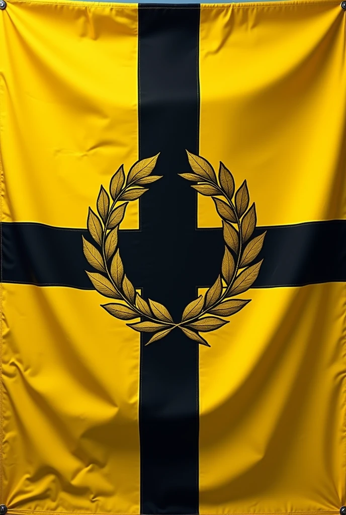 flag of a European country, Swedish style, with a long cross from left to right on a war banner, in a battle. the background is yellow and the cross is black. in the center a laurel wreath