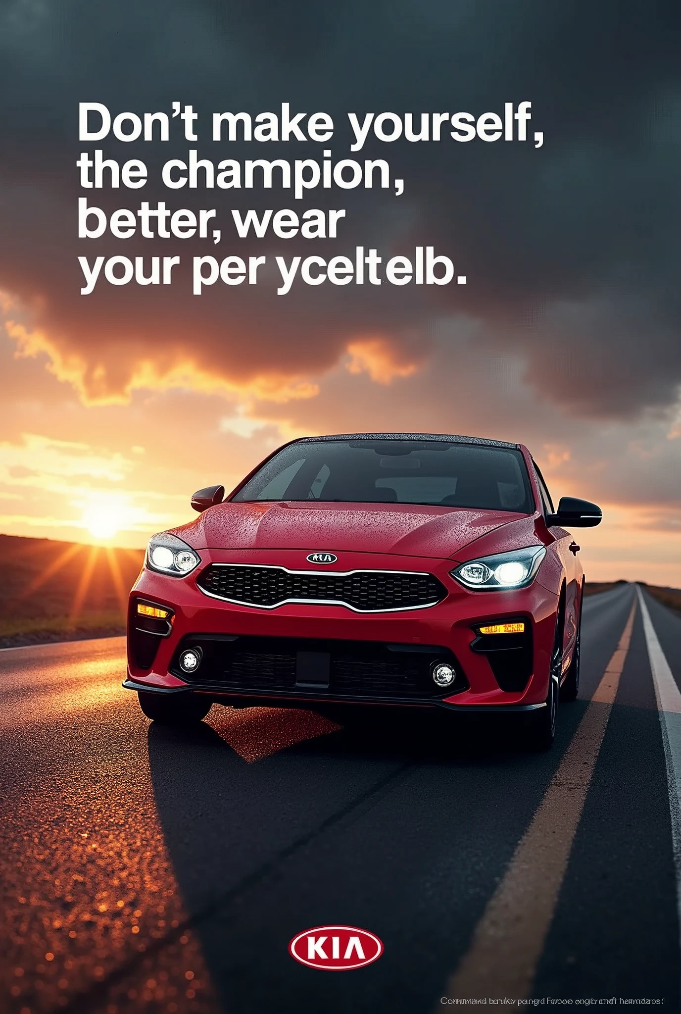 You create an advertisement for the KIA vehicle brand that contains the text "Don't make yourself the champion, better wear your seatbelt" in Spanish