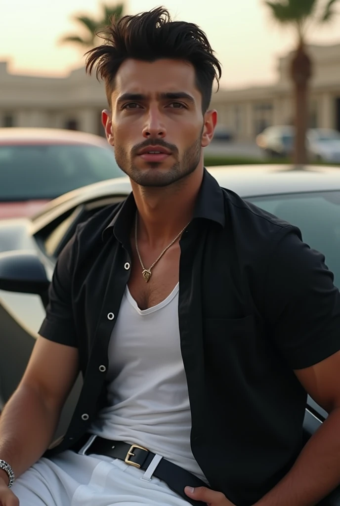 Create a smart and charming man (( hair color are to be bright black)), (( wear a shirt for black )), and pant to be a bright white)), a man drive a Lamborghini car standing a beautifull girl in the front side )), (( high quality image))