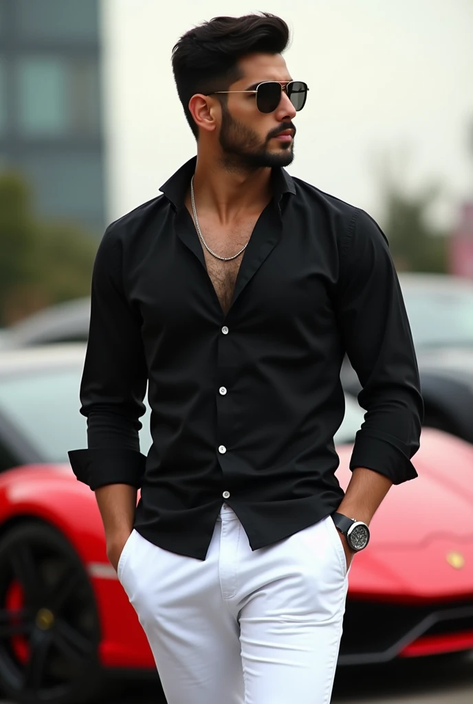 Create a smart and charming man (( hair color are to be bright black)), (( wear a shirt for black )), and pant to be a bright white)), a man drive a Lamborghini car standing a beautifull girl in the front side )), (( high quality image))
