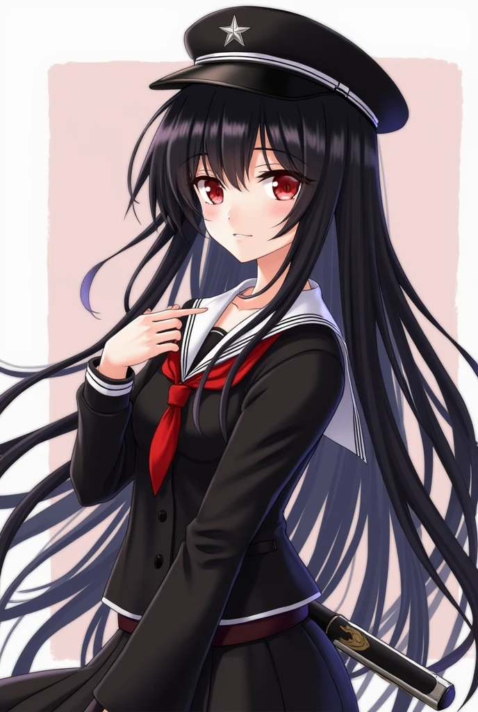woman,Himecut,Straight-Black-hair,Long-hair,black-Japanese-sailor-school-uniform,Red-eyes,black-hat,Sharp-eyes, Striaght,carries a katana strapped to her hip,High school,tall,beautiful,realistic