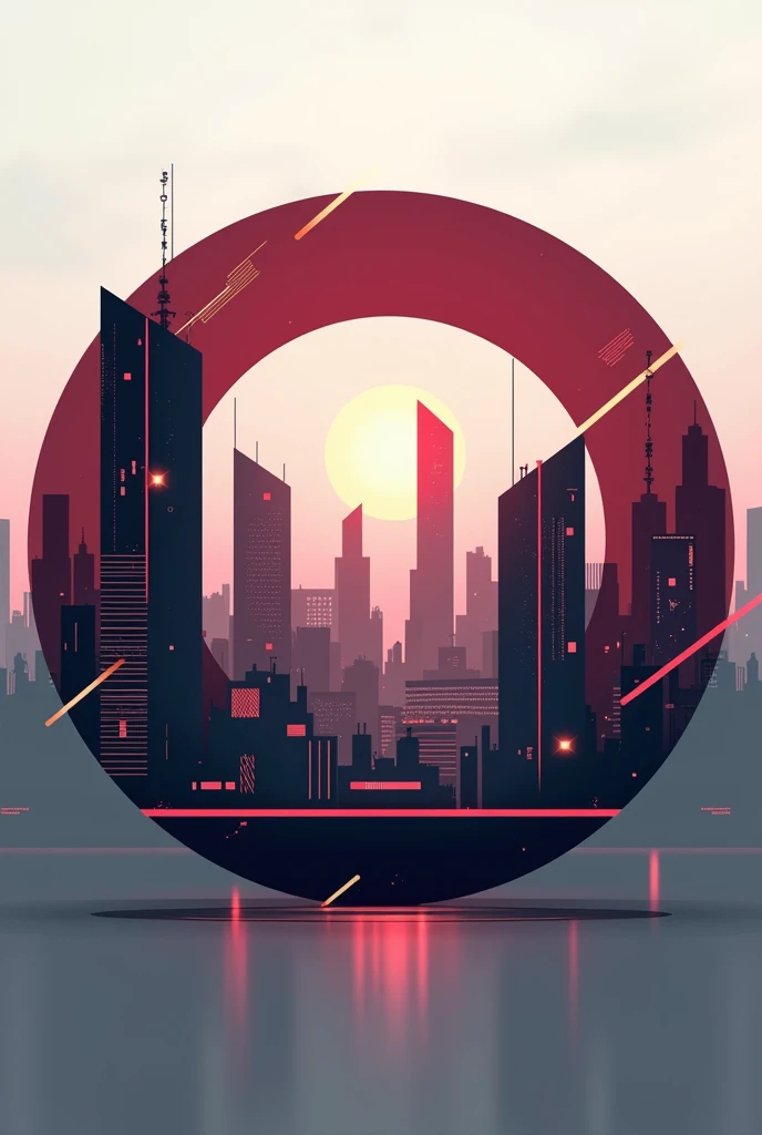 Groupchat circular logo background. A futuristic advance cityscape silhouetted skyscrapers in the background, and abstract geometric shapes and elements in various shades of maroon, black and white
---