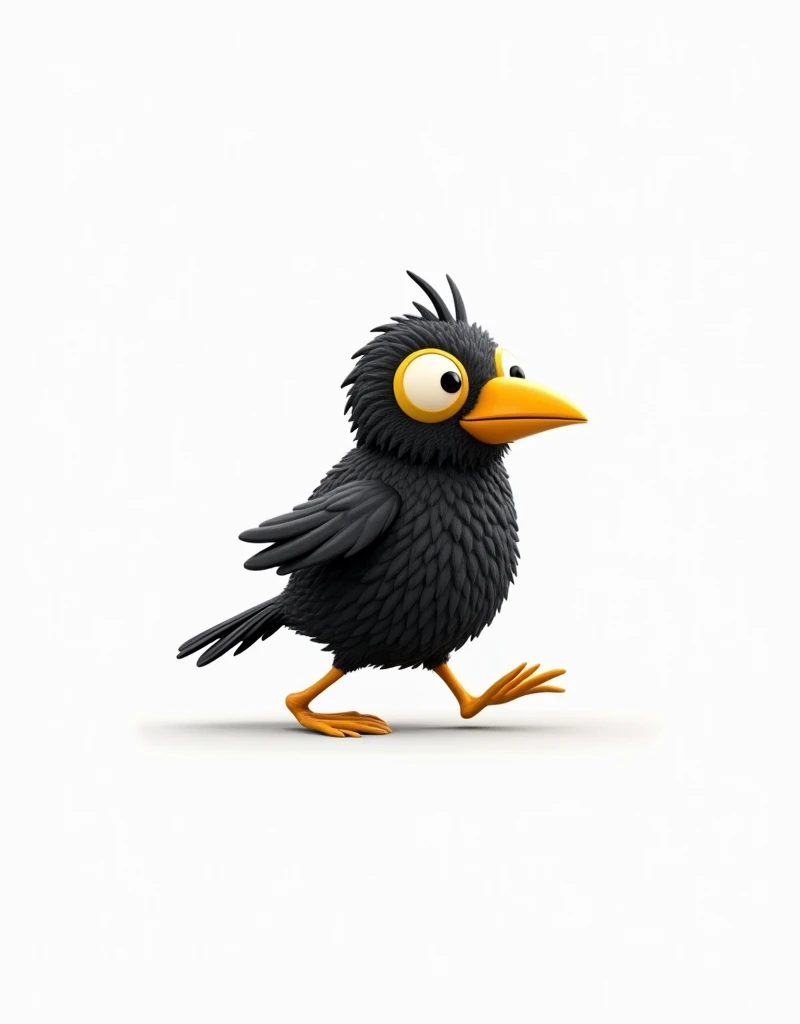 (((3D,CGI))) Black bird walking to the right, simple whimsical cartoon style, exaggerated large round yellow-rimmed eye, sharp pointed beak, rough textured body, stark white background, minimalist composition, charming and playful illustration, bold black outline, flat colors, childlike simplicity, no shading or depth, reminiscent of children's book illustrations, vibrant and eye-catching design, playful character expression, clean and uncluttered artwork, reminiscent of Todd Parr's distinctive style for children's books.