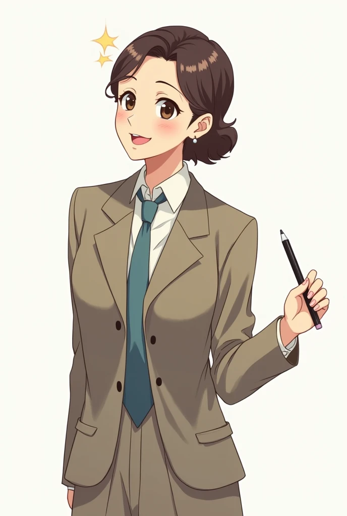 A woman smiling and facing forward。Dressed like a teacher, wearing a suit。The art style is retro。Japanese。Around 30s。Marker on the right、The left hand is extended in front of the audience as if listening to them.。The illustrations are quite old-fashioned Showa-style.。Background is white。The design should be as simple as possible.。Don't put too much sparkle in your eyes。
