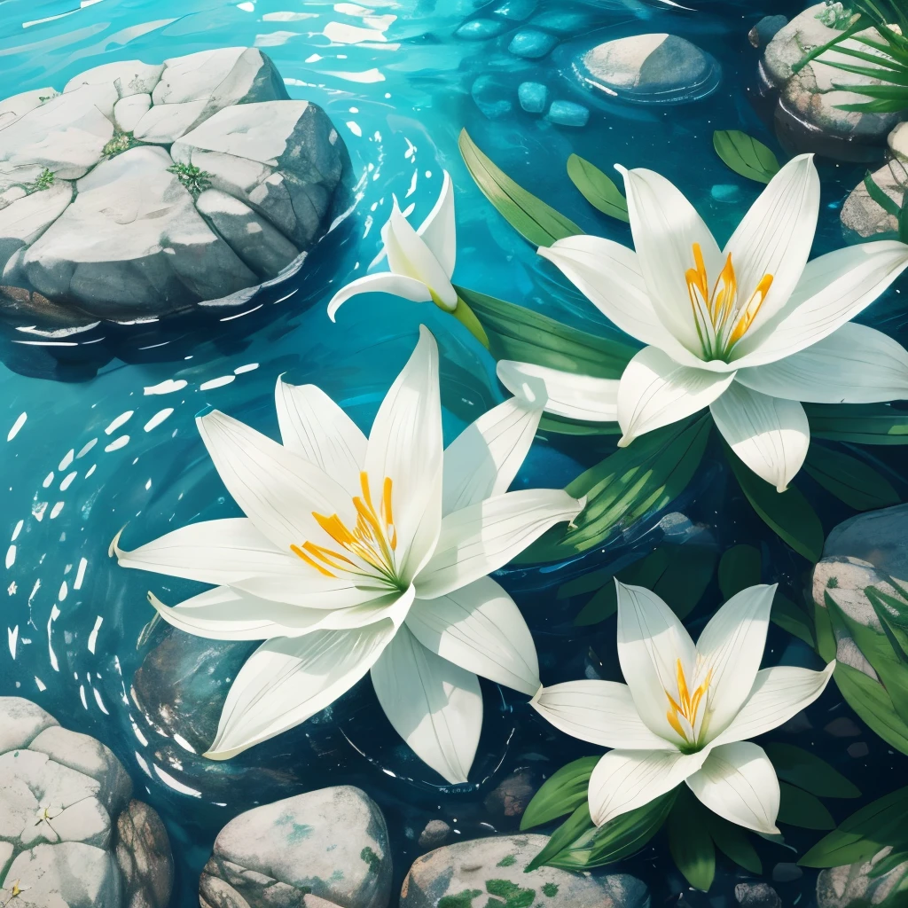 there are some white flowers in the water near some rocks, a digital rendering by Elizabeth Durack, pixabay, hurufiyya, hymenocallis coronaria, spirited water plants, lily flowers, detailed white, white flowers, white lilies, flowers with very long petals, lillies, white flower, glowing veins of white, garis edelweiss