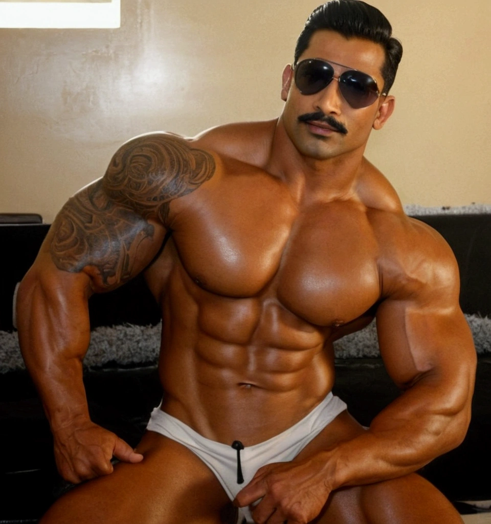 Indian facial features inspired by a handsome alpha hunk Indian actor, with light brown skin, dark eyes, and styled black hair, in his late 20s to early 30s, standing have moustache and goatee beard, smirking, wear aviator sunglasses,cool belt design. Muscular man with a physique similar to heavyweight bodybuilder Lee Priest prime physique, standing confidently in a beach ,wearing tight sportshirt short sleeves, perting nipples and muscle through shirt.  His physique well-proportioned and aesthetically impressive, with clear muscle separation, have a massive chest visible bulging pectoral muscles, 3D Voluminous pectorals and defined nipples. Bulging The biceps 23 inches, with powerful, rounded shoulders and a narrow waist, showcasing an impressive V-taper. 