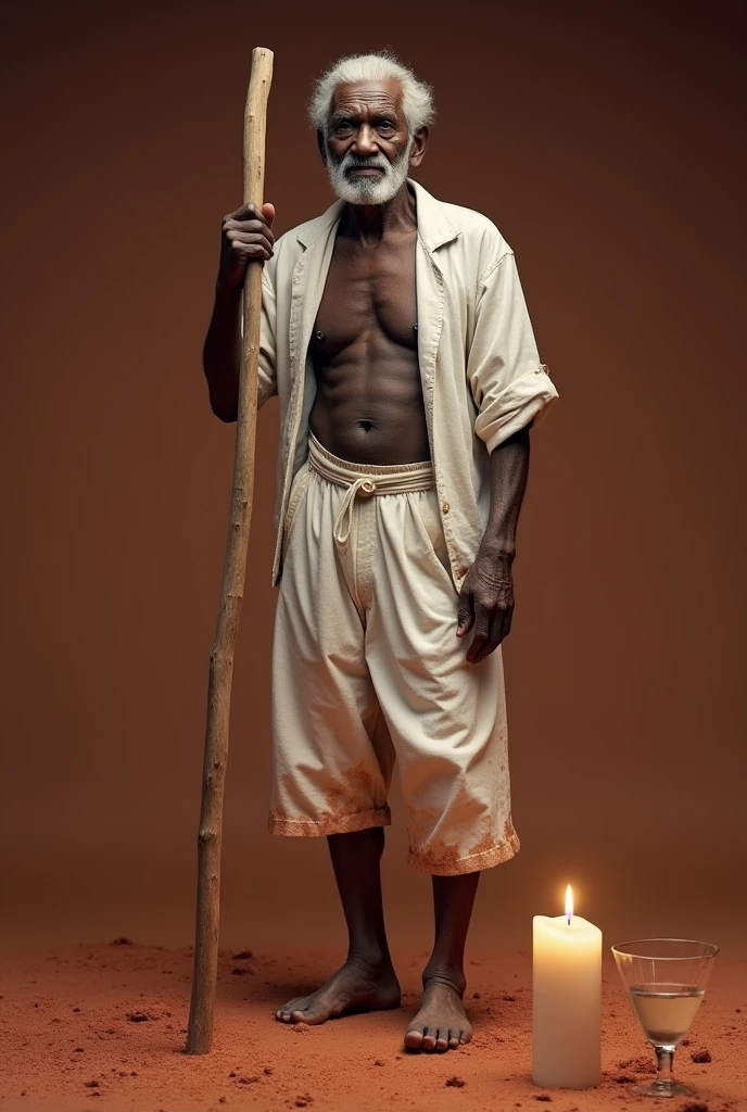 A former slave African of about 70 years old, standing arched, leaning on a wooden staff, wearing white pants soiled with mud and a white blouse. On the ground, red clay is beaten with a glass of water and a lit white candle