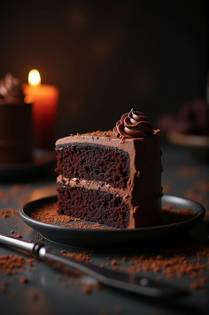 cinematic film still chocolate, chocolate cake, dark background, quality photo, moist texture, frosting, studio photo, slice . shallow depth of field, vignette, highly detailed, high budget, bokeh, cinemascope, moody, epic, gorgeous, film grain, grainy
