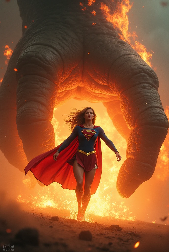 Supergirl emerging from inside a gigantic creature with only one finger and her clothes torn into flames