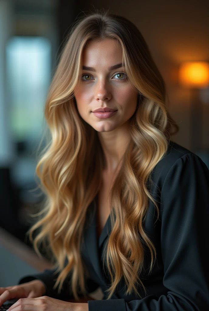 A beautiful girl with long golden hair, Delicate eyes, nose, and lips, Wearing professional attire, Sitting in her office, Using her computer, pk (best quality,4K,8K,high resolution,masterpiece:1.2),Extremely detailed,(Practical,photoPractical,photo-Practical:1.37),HDR,Studio Lighting,Extremely detailed face and body, portrait,Movie Lighting,Dramatic Lighting,Warm colors,Dramatic Colors