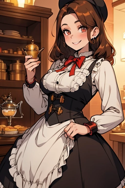 Perfect face. Perfect hands. A brown haired woman with copper eyes and an hourglass figure in a Lolita dress is serving scones in a maid cafe with a big smile