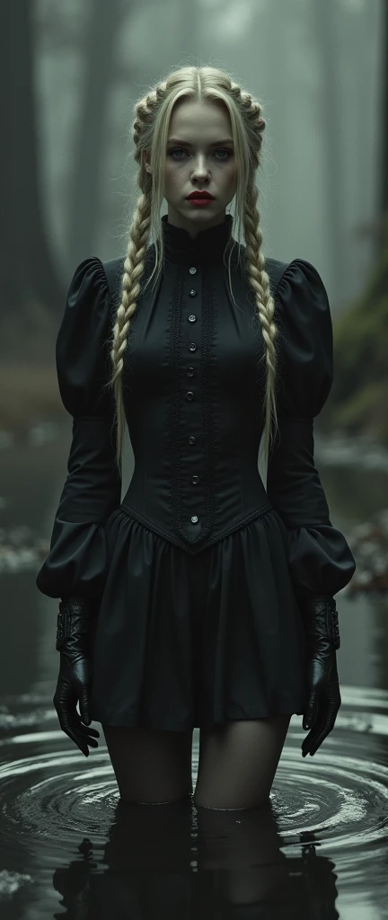 monochrome film, drama, stuck in bog,high-neck style, closed Puritan dress, short mini-dress, hips:1.2, high-neck dress, aristocratic hairstyle, stockings with garters, red lips, goth, aristocratic, gloves, artwork, blond braids
