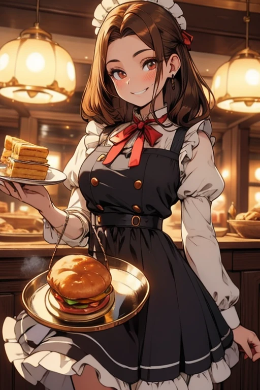 Perfect face. Perfect hands. A brown haired woman with copper eyes and an hourglass figure in a Lolita dress is serving scones in a maid cafe with a big smile