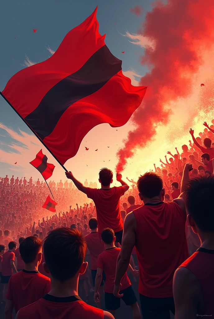Fans of a soccer match, of a team called Mota whose colors are red and black. With totally crazy and euphoric canvas flag flares