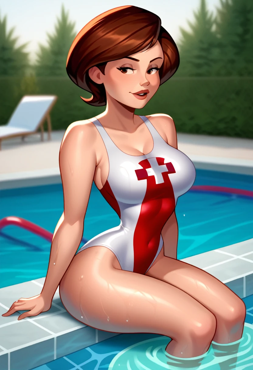 score_9, score_7_up 1girl, solo, mature female, helen parr, sitting, pool, wading, one-piece swimsuit, lifeguard, poolside,