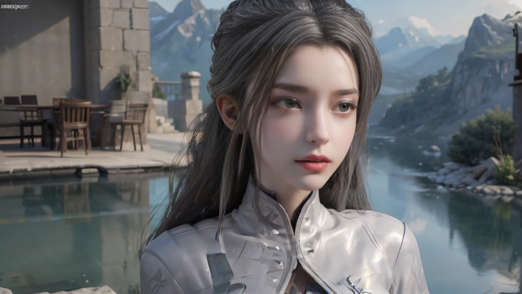 masterpiece,Game Art,Best picture quality,Maximum resolution,8k,(Upper Body),Unreal Engine 5 rendering works,(Digital Photography),(The girl looks at you lovingly,The smile is beautiful),Short hair details,(The eyes are very delicate),(With long gray hair:1.4),(Perfect body),(Bright dress),(background:mountain peak),light,night,Ray Tracing,RAW photos,((3D Unreal Engine)),OC rendering reflection mode