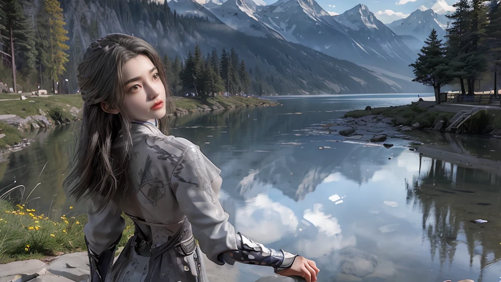 masterpiece,Game Art,Best picture quality,Maximum resolution,8k,(Upper Body),Unreal Engine 5 rendering works,(Digital Photography),(The girl looks at you lovingly,The smile is beautiful),Short hair details,(The eyes are very delicate),(With long gray hair:1.4),(Perfect body),(Bright dress),(background:mountain peak),light,night,Ray Tracing,RAW photos,((3D Unreal Engine)),OC rendering reflection mode