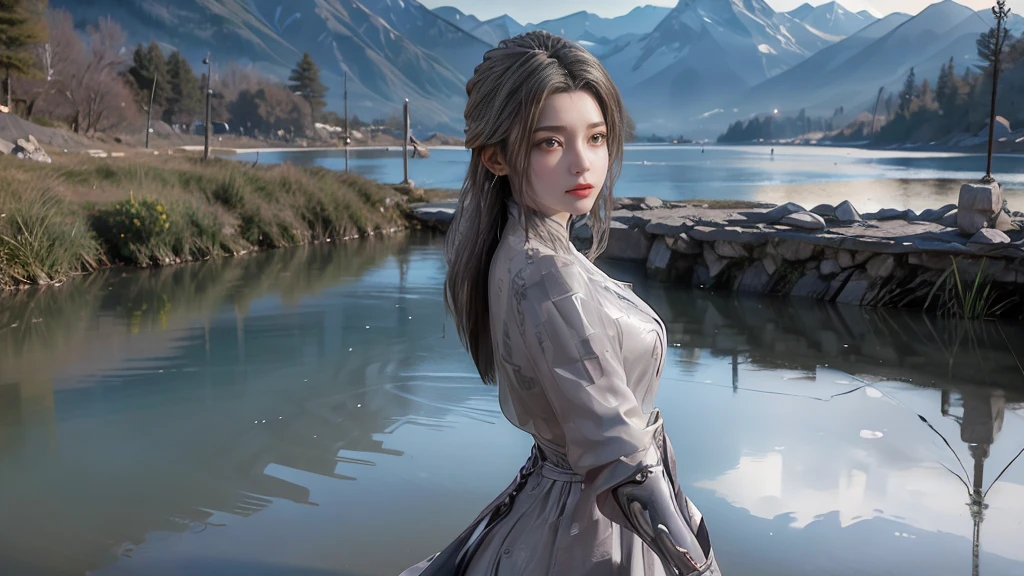 masterpiece,Game Art,Best picture quality,Maximum resolution,8k,(Upper Body),Unreal Engine 5 rendering works,(Digital Photography),(The girl looks at you lovingly,The smile is beautiful),Short hair details,(The eyes are very delicate),(With long gray hair:1.4),(Perfect body),(Bright dress),(background:mountain peak),light,night,Ray Tracing,RAW photos,((3D Unreal Engine)),OC rendering reflection mode