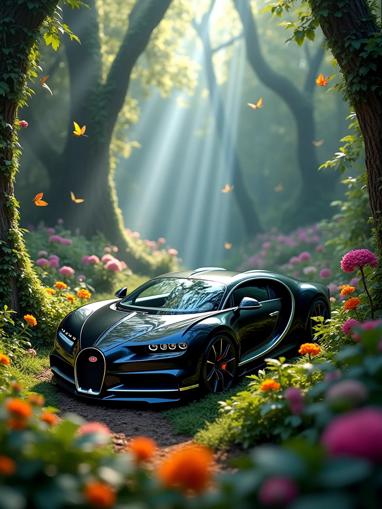 Here is the image of the Bugatti La Voiture Noire in an enchanted forest, surrounded by vibrant flowers, leaves, and butterflies. The scene captures the magical atmosphere you imagined.