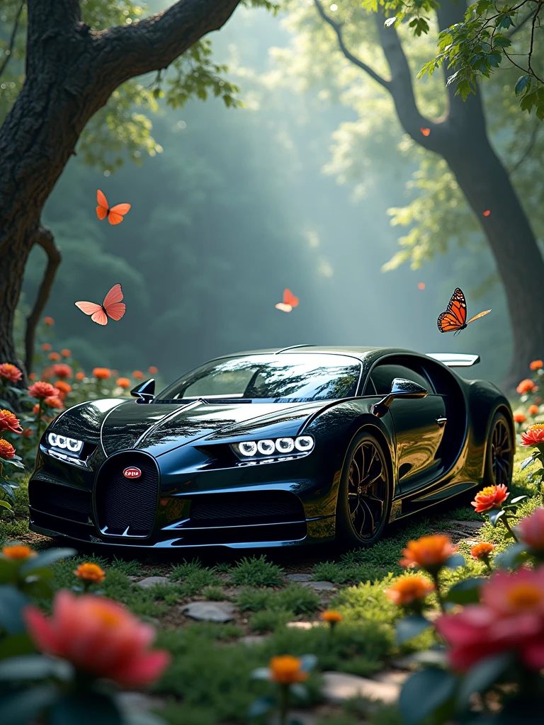 Here is the image of the Bugatti La Voiture e in an enchanted forest, surrounded by vibrant flowers, leaves, and butties. The scene captures the magical atmosphere you imagined.