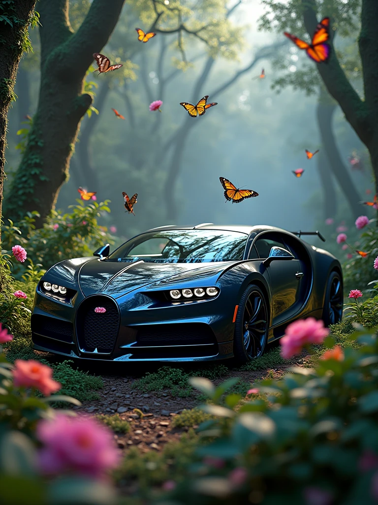 Here is the image of the Bugatti La Voiture Noire in an enchanted forest, surrounded by vibrant flowers, leaves, and butterflies. The scene captures the magical atmosphere you imagined.