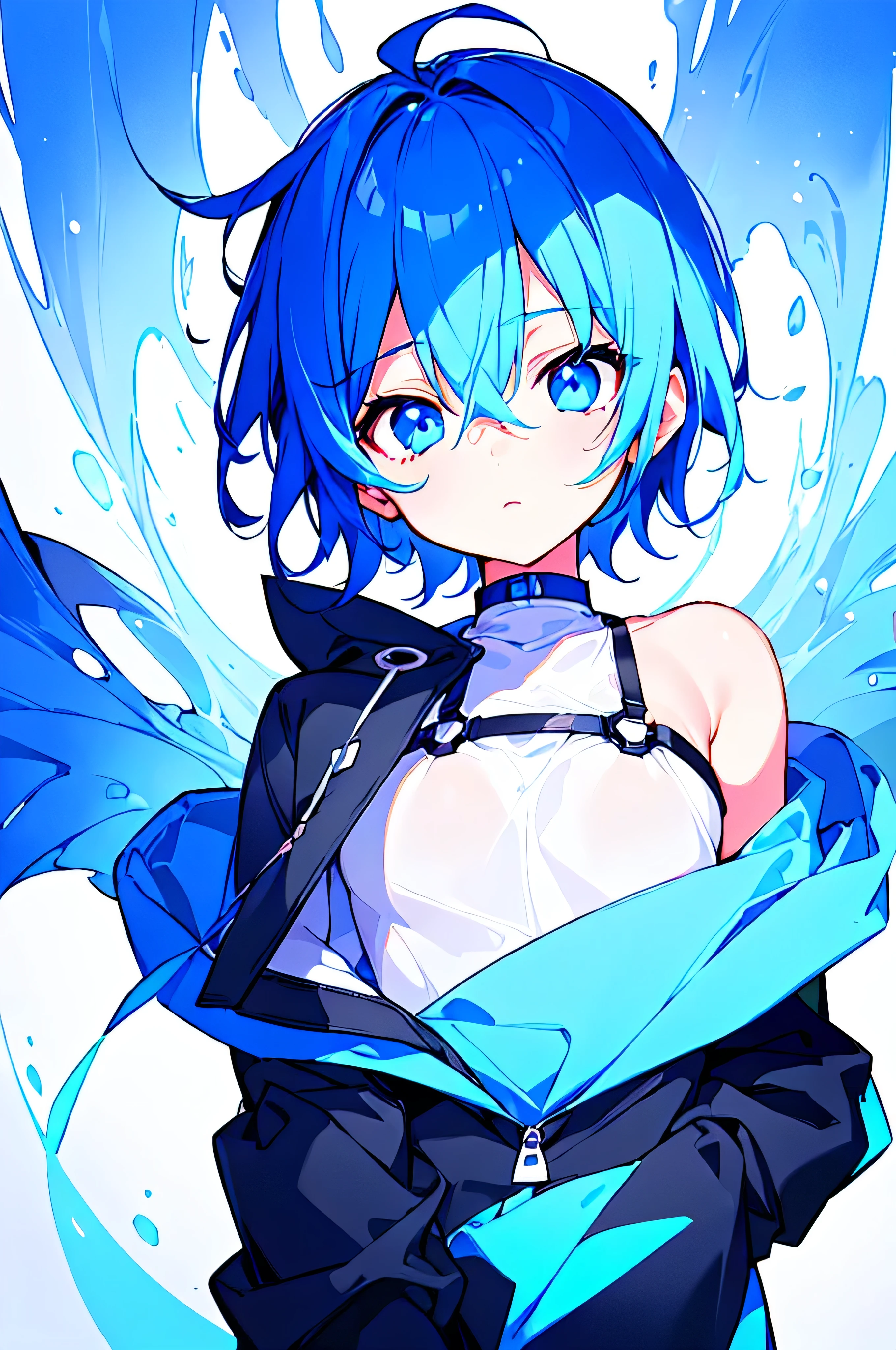 [(WHITE BACKGROUND:1.5),::5], ((((masterpiece)))), high quality, ultra_very_high_resolution, large_filesize, full color, (((solo))), ((little boy)), ((deepblue color short hair)), (deepblue eyes), anime, (upper body), neon light, black parka,