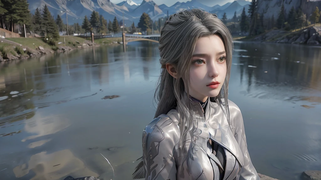 masterpiece,Game Art,Best picture quality,Maximum resolution,8k,(Upper Body),Unreal Engine 5 rendering works,(Digital Photography),(The girl looks at you lovingly,The smile is beautiful),Short hair details,(The eyes are very delicate),(With long gray hair:1.4),(Perfect body),(Bright dress),(background:mountain peak),light,night,Ray Tracing,RAW photos,((3D Unreal Engine)),OC rendering reflection mode