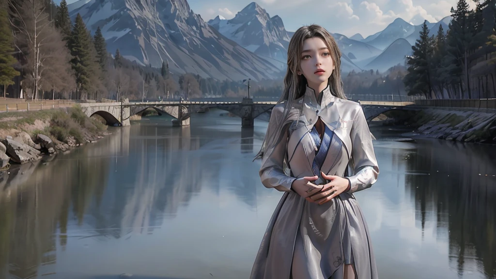 masterpiece,Game Art,Best picture quality,Maximum resolution,8k,(Upper Body),Unreal Engine 5 rendering works,(Digital Photography),(The girl looks at you lovingly,The smile is beautiful),Short hair details,(The eyes are very delicate),(With long gray hair:1.4),(Perfect body),(Bright dress),(background:mountain peak),light,night,Ray Tracing,RAW photos,((3D Unreal Engine)),OC rendering reflection mode
