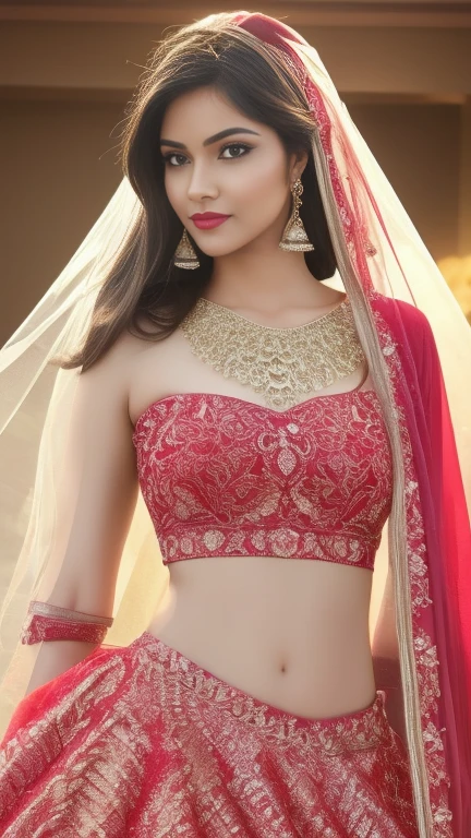 (best quality,4k,8k,highres,masterpiece:1.2),ultra-detailed,(realistic,photorealistic,photo-realistic:1.37) 4K, UHD, masterpeice, 1 girl, good face, detailed eyes, detailed lips, very long hair, straight hair, very long hair, beautiful hair, hair ornaments, hairband, gradient hair, ((red lehenga)), ((bridal lehenga)), ((decorated blouse)), sardine, ((jwellery on lehenga)), ((lace)), ornaments, necklace, earring, high lighting, ((bare stomach)), wedding stage, fujicolor, depth of field, ray tracing, ultra realistic detail,