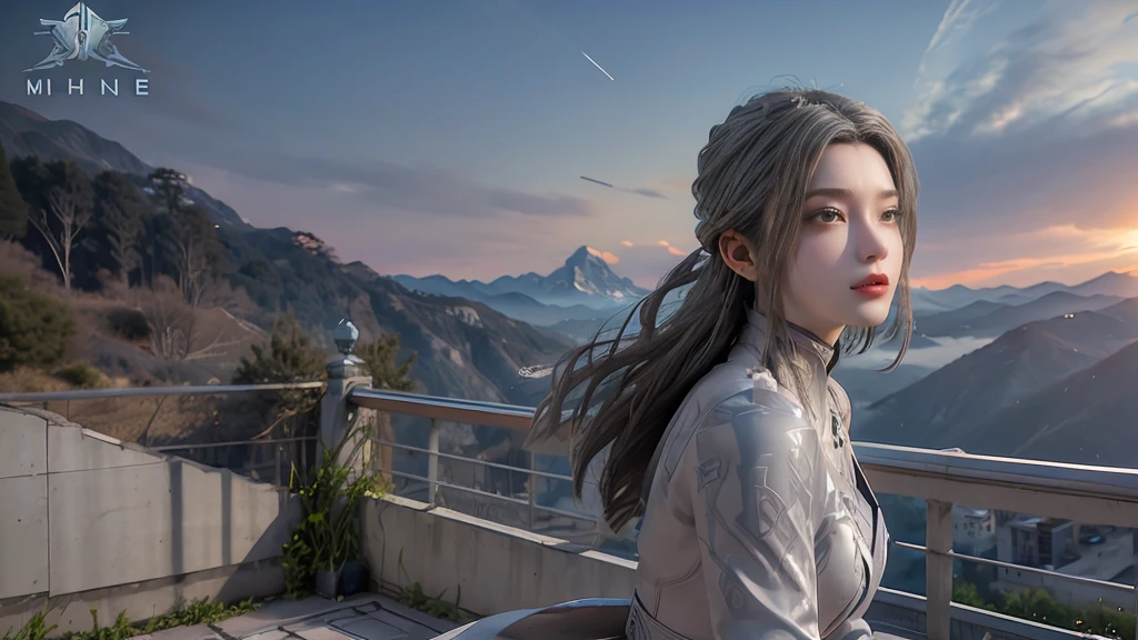 masterpiece,Game Art,Best picture quality,Maximum resolution,8k,(Upper Body),Unreal Engine 5 rendering works,(Digital Photography),(The girl looks at you lovingly,The smile is beautiful),Short hair details,(The eyes are very delicate),(With long gray hair:1.4),(Perfect body),(Bright dress),(background:mountain peak),light,night,Ray Tracing,RAW photos,((3D Unreal Engine)),OC rendering reflection mode