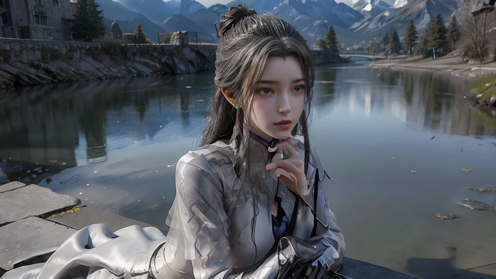 masterpiece,Game Art,Best picture quality,Maximum resolution,8k,(Upper Body),Unreal Engine 5 rendering works,(Digital Photography),(The girl looks at you lovingly,The smile is beautiful),Short hair details,(The eyes are very delicate),(With long gray hair:1.4),(Perfect body),(Bright dress),(background:mountain peak),light,night,Ray Tracing,RAW photos,((3D Unreal Engine)),OC rendering reflection mode
