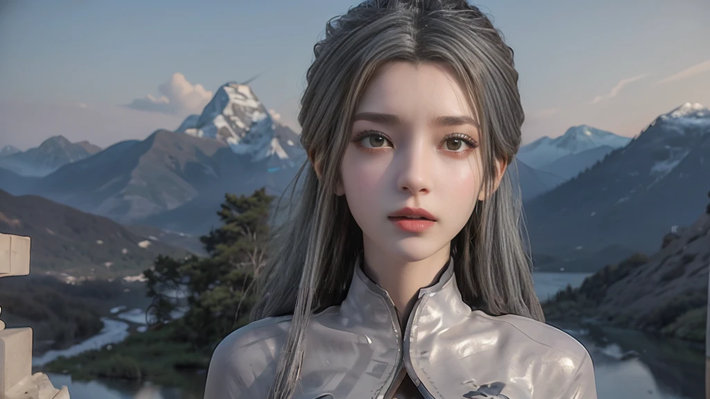masterpiece,Game Art,Best picture quality,Maximum resolution,8k,(Upper Body),Unreal Engine 5 rendering works,(Digital Photography),(The girl looks at you lovingly,The smile is beautiful),Short hair details,(The eyes are very delicate),(With long gray hair:1.4),(Perfect body),(Bright dress),(background:mountain peak),light,night,Ray Tracing,RAW photos,((3D Unreal Engine)),OC rendering reflection mode