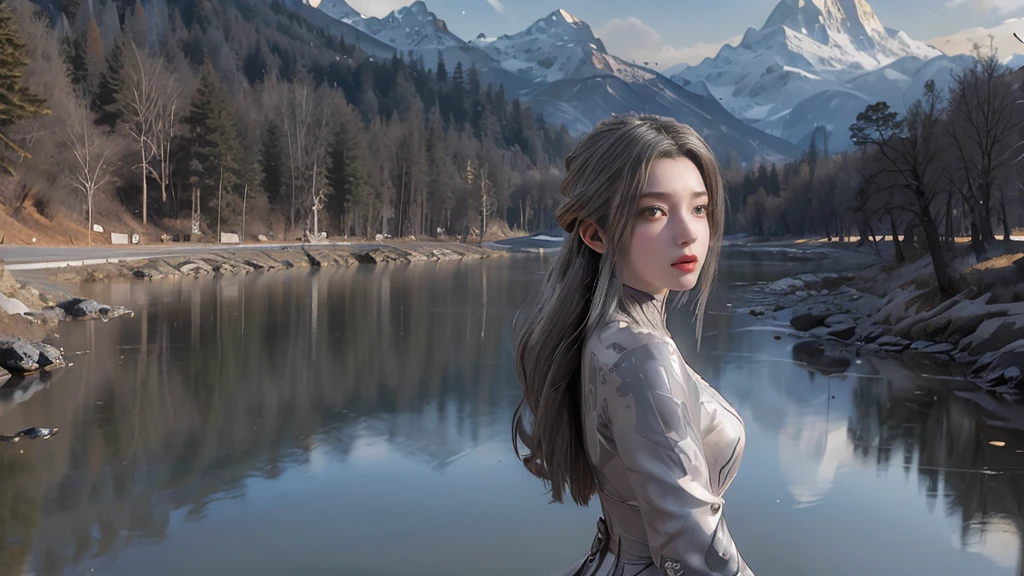 masterpiece,Game Art,Best picture quality,Maximum resolution,8k,(Upper Body),Unreal Engine 5 rendering works,(Digital Photography),(The girl looks at you lovingly,The smile is beautiful),Short hair details,(The eyes are very delicate),(With long gray hair:1.4),(Perfect body),(Bright dress),(background:mountain peak),light,night,Ray Tracing,RAW photos,((3D Unreal Engine)),OC rendering reflection mode