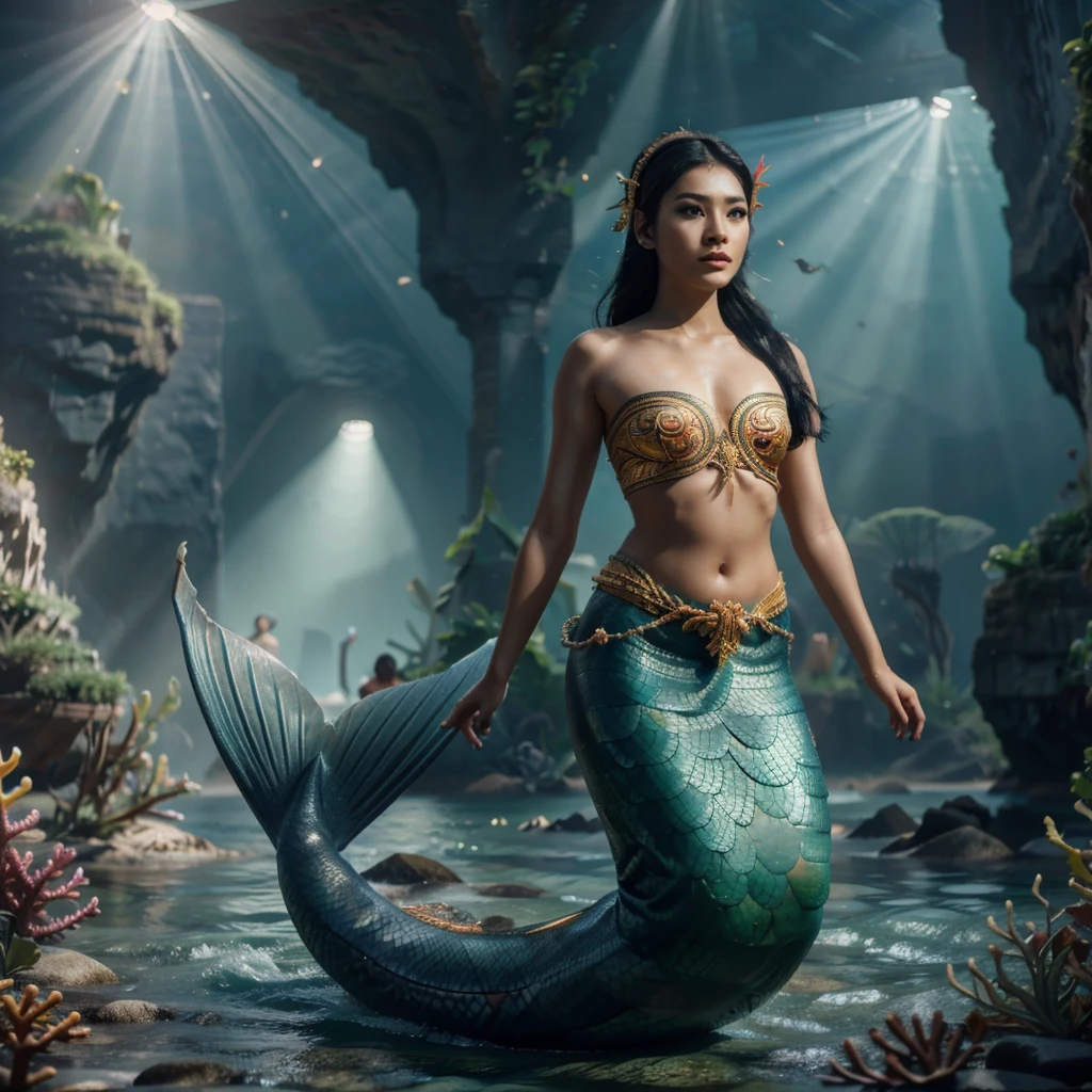 a Thai female mermaid, black hair, upper body is human, lower body is green fish tail, swimming in the sea, wearing thai ancient traditional cloth, half body visible above ocean, no headdress, limestone rock, coral, view from sea floor, beautiful detailed eyes, beautiful detailed lips, long eyelashes, extremely detailed anatomy, hyper realistic, masterpiece, 8k, high quality, volumetric lighting, photorealistic, cinematic lighting, dramatic lighting, vibrant colors, intricate details