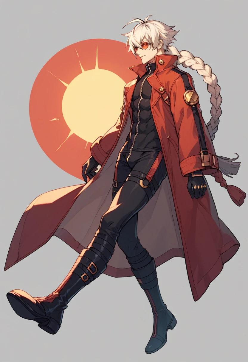 Blazblue ,human Male  , Black Clothing , round Red Sun Glasses , white hair Style ,long braided ,zip Red Coat  , Black Gloves  , Black boots , Full body 