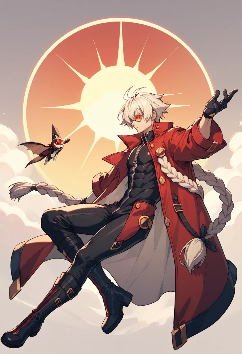 Blazblue ,human Male  , Black Clothing , round Red Sun Glasses , white hair Style ,long braided ,zip Red Coat  , Black Gloves  , Black boots , Full body 