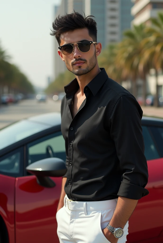 Create a smart and charming man (( hair color are to be bright black)), (( wear a shirt for black )), and pant to be a bright white)), a man drive a Lamborghini car standing a beautifull girl in the front side )), (( high quality image))